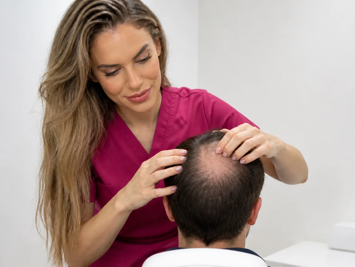 hair transplant cardiff scalp density examination Hair transplant surgeon examining scalp hair density during a Cardiff consultation