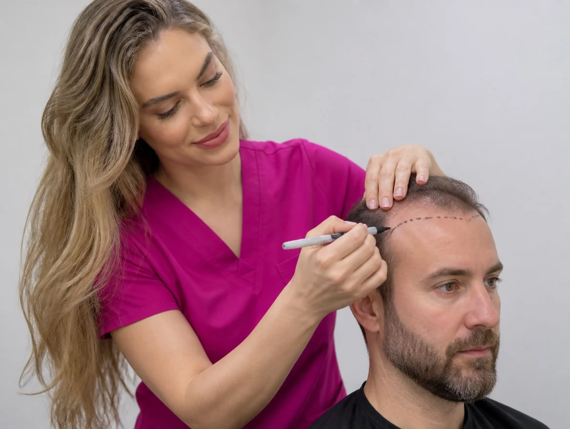 Hair Transplant Hairline Design Cardiff Surgeon Hair transplant surgeon marking a natural hairline design before FUE treatment, Cardiff